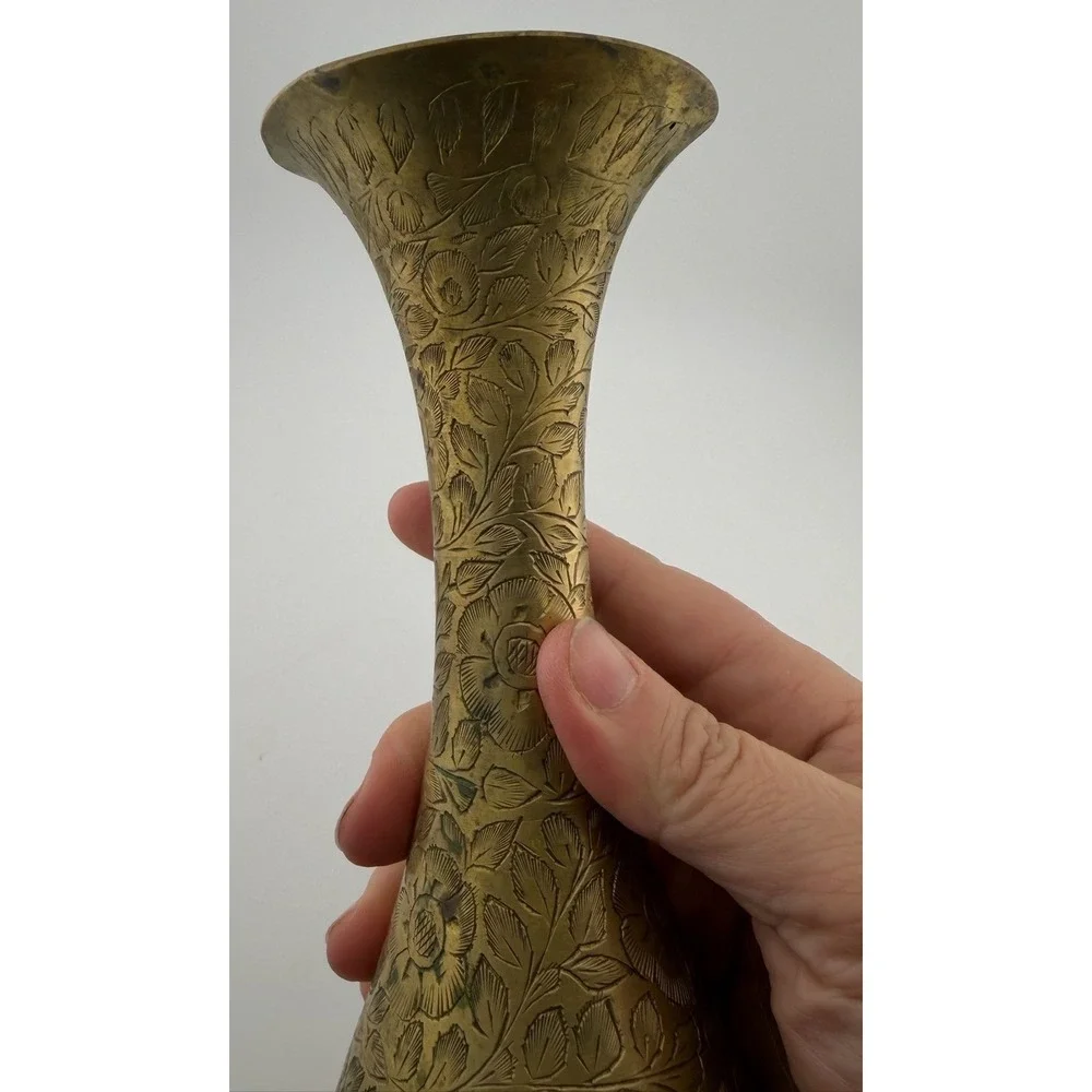 Vintage Brass Vase‎ Floral Etched Tall Slim Neck Home Decor Accent